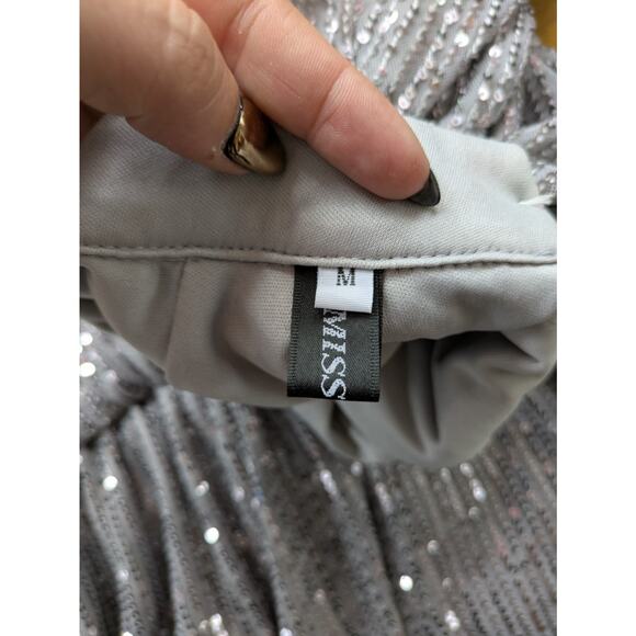 Miss Ord Silver Sequin Mini Dress M Mock Neck Belted NYE 70s 80s Glam - Picture 6 of 12